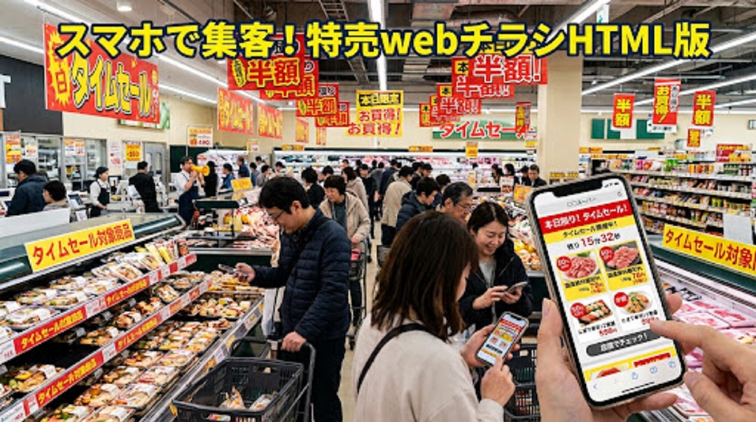 店内で買い物を楽しむ女性がスマートフォンで特売Webチラシを見ている様子